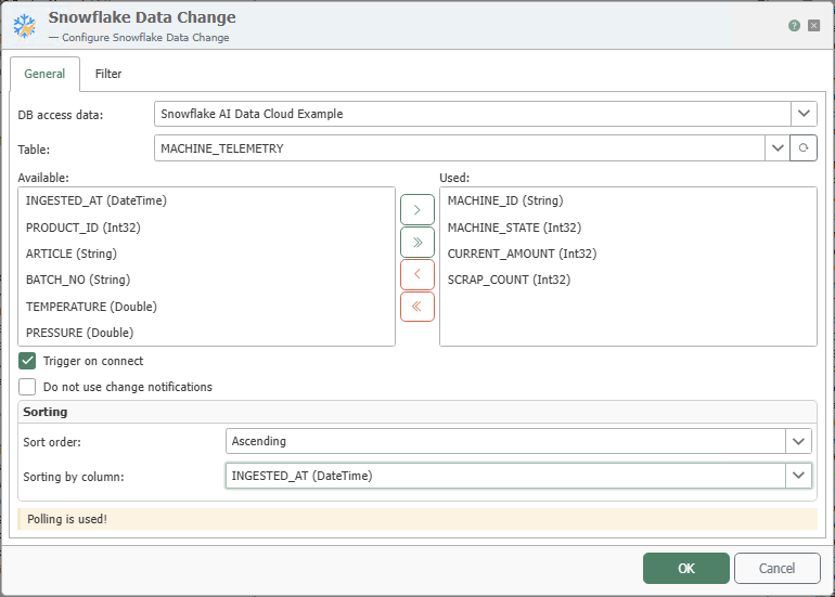 Configuration dialog for the Snowflake Data Change Trigger, “General” tab