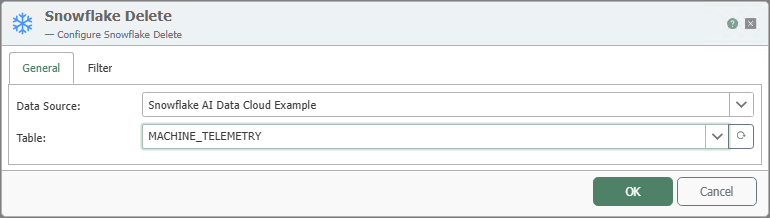Configuration dialog for the “Snowflake Delete” transfer object