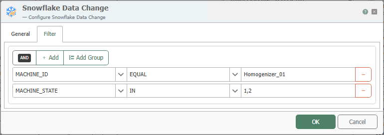 Filter tab of a Snowflake object with two filter criteria