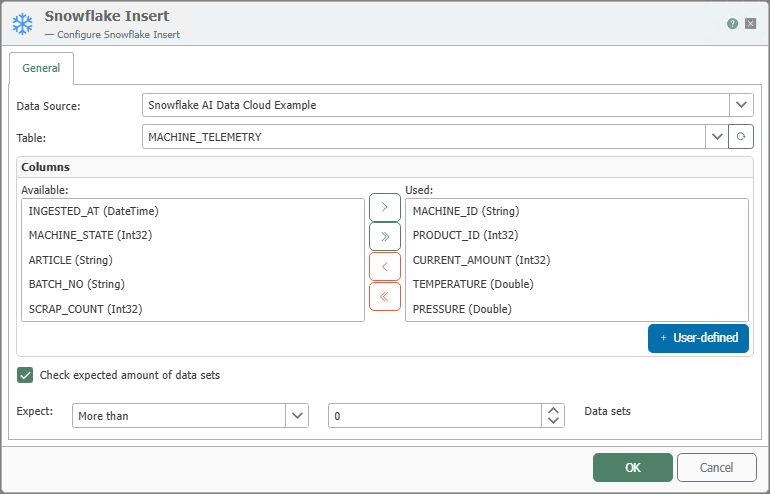 Configuration dialog for the “Snowflake Insert” transfer object