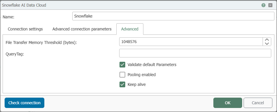 “Snowflake AI Data Cloud” configuration dialog with the “Advanced” tab