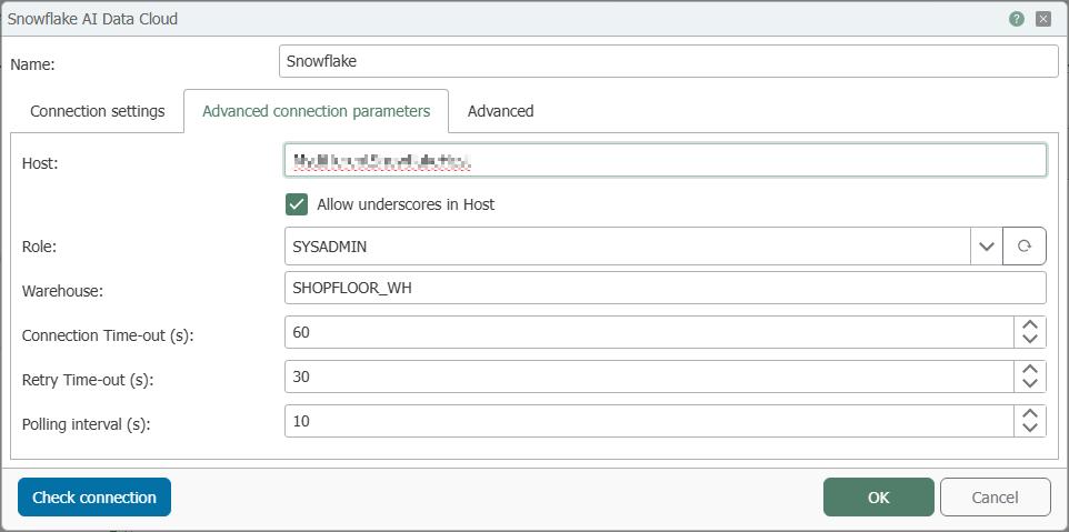 “Snowflake AI Data Cloud” configuration dialog with the “Advanced Connection Settings” tab