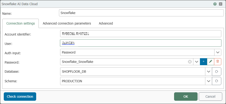 “Snowflake AI Data Cloud” configuration dialog with the “Connection Settings” tab