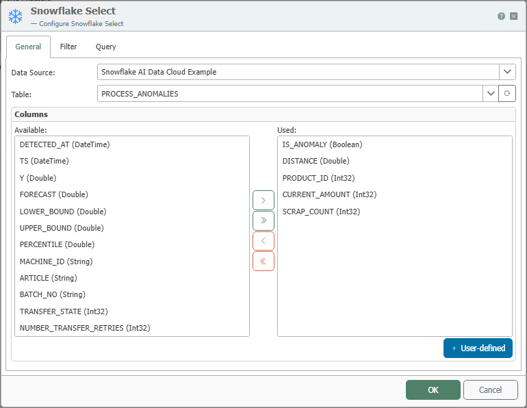 Configuration dialog for the “Snowflake Select” transfer object