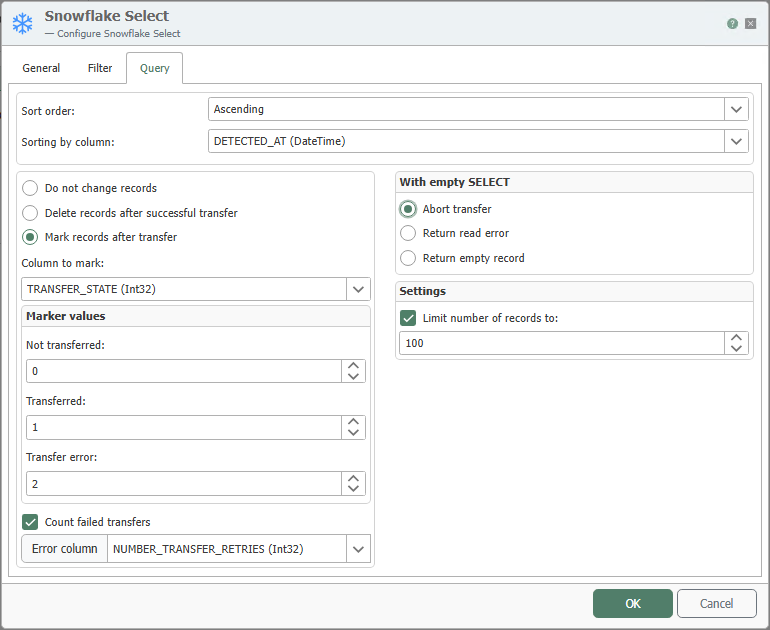 “Query” tab of the “Snowflake Select” transfer object