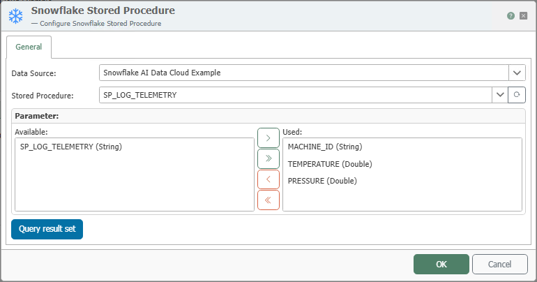 Configuration dialog for the “Snowflake Stored Procedure” transfer object with the example procedure SP_LOG_TELEMETRY