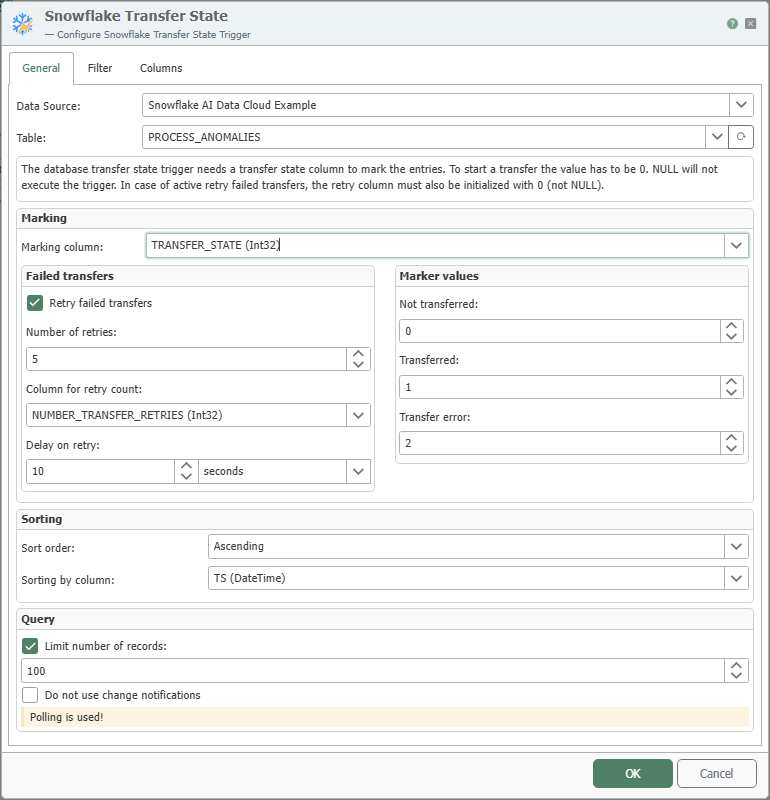 Configuration dialog for the Snowflake Transfer Status Trigger, “General” tab
