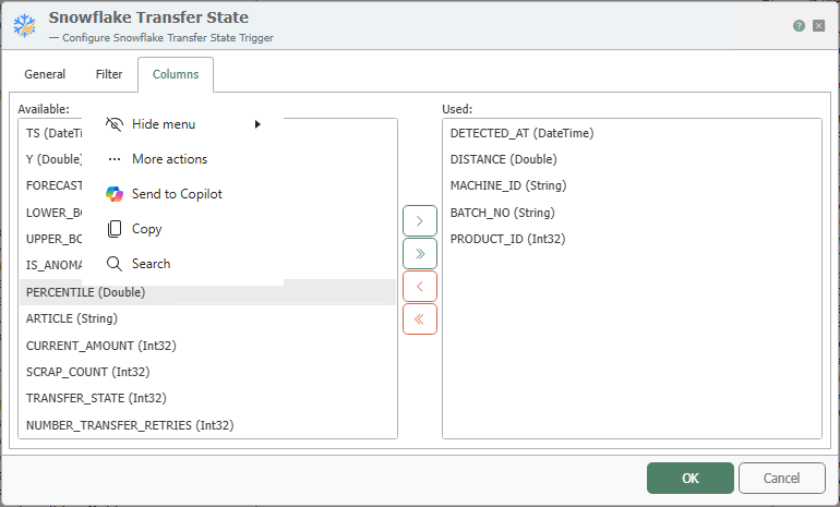 “Columns” tab of the Snowflake Transfer Status trigger