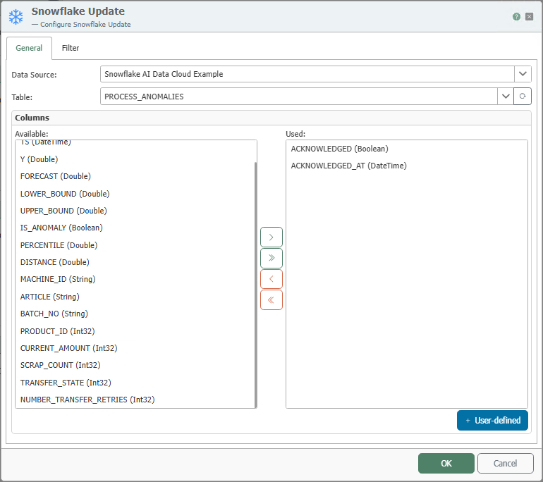 Configuration dialog for the “Snowflake Update” transfer object with the example (PROCESS_ANOMALIES)