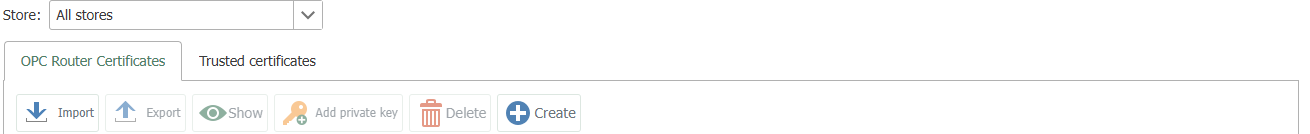 The OPC Router Certificates tab and its buttons