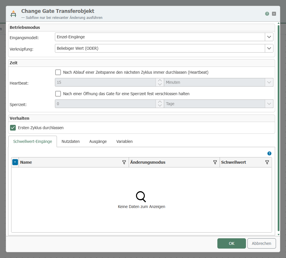 Configuration dialog for the Change Gate Transfer Object, showing operating mode, time and behavior settings, as well as tabs for threshold inputs, payload data, outputs, and variables