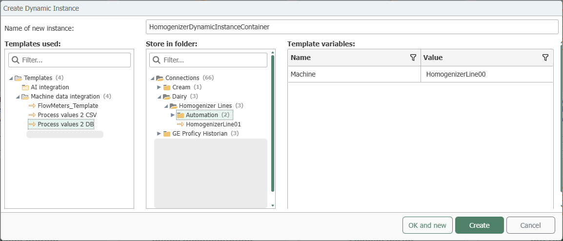 Dialog for creating a dynamic instance with template selection, target folder, and default values for template variables