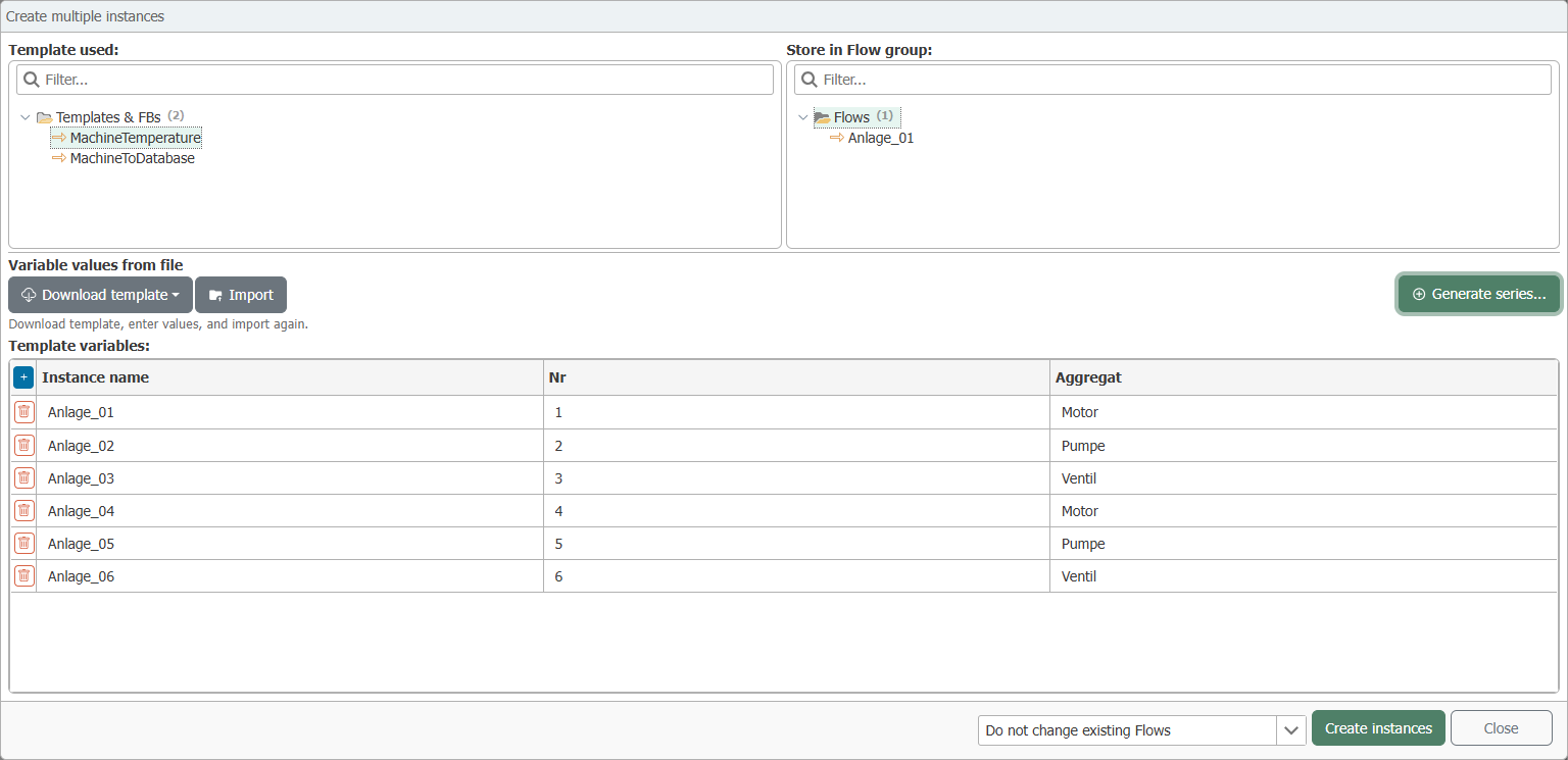  "Create Multiple Instances" dialog with template selection, destination folder, buttons for downloading and importing the value file, "Create Series," and the table of template variables 