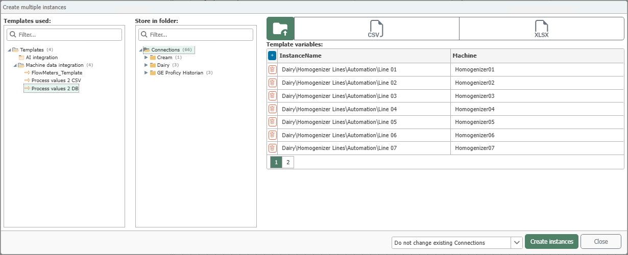 Dialog for creating multiple instances from a file with template selection, destination folder, and CSV import