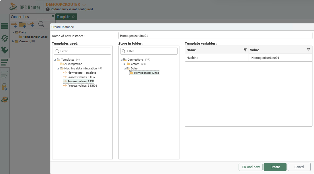 Dialog for creating a single instance