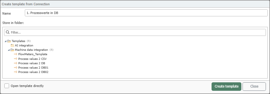 Dialog for creating a template from an existing connection
