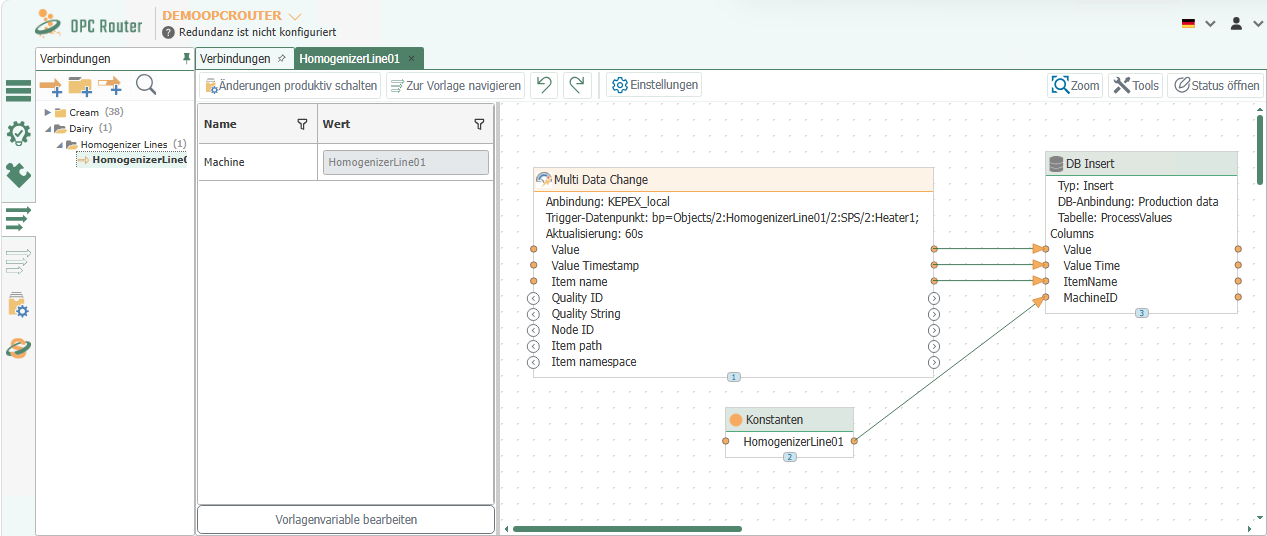 Example of a created instance with template variable values