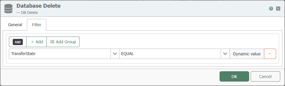 Filter tab of the DB Delete transfer object