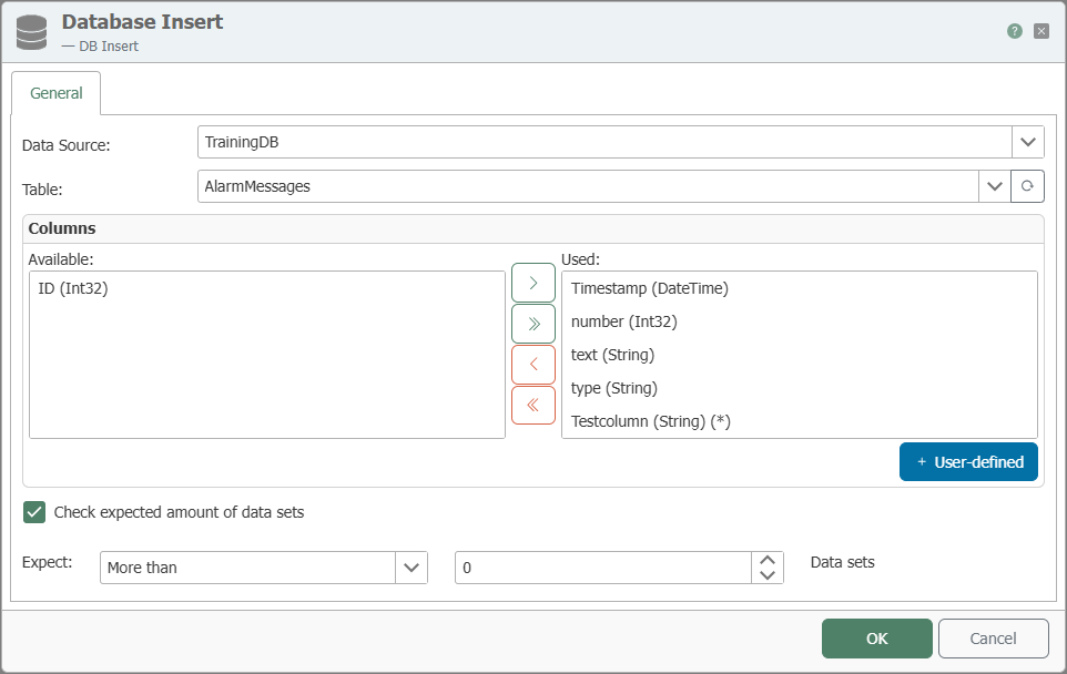 DB Insert transfer object dialog