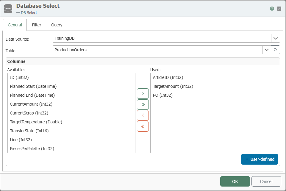 DB Select transfer object dialog