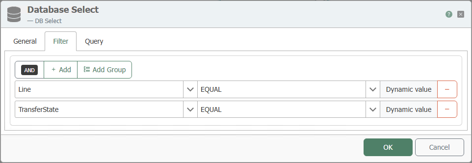Filter tab of the DB Select transfer object
