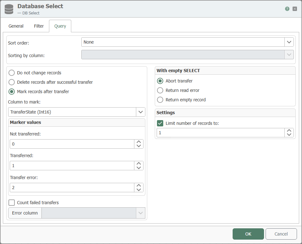 Query tab of the DB Select transfer object