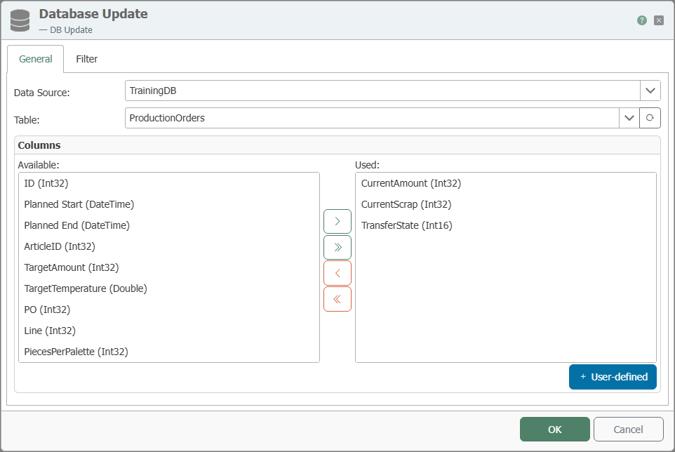 DB Update transfer object dialog