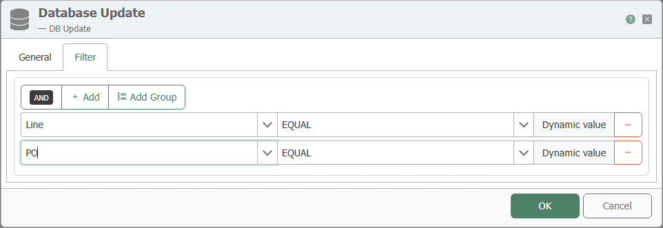 Filter tab of the DB Update transfer object