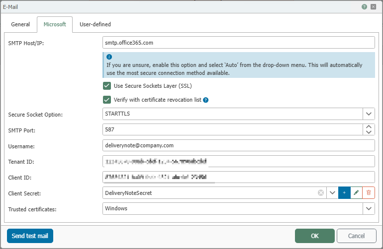 Microsoft tab of the Email Plug-in