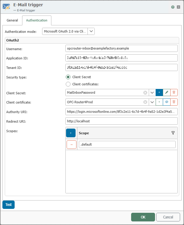 Authentication tab of the email trigger for Client Credentials Flow