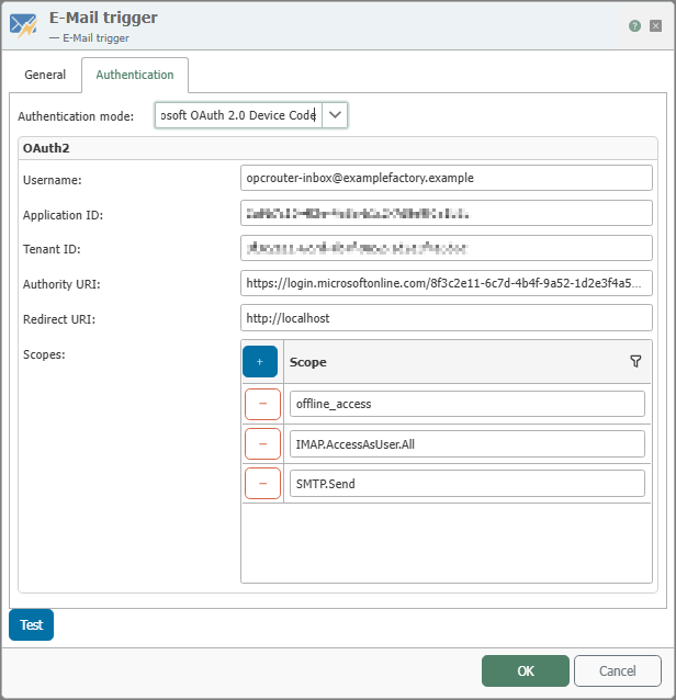 Authentication tab of the email trigger for Device Code