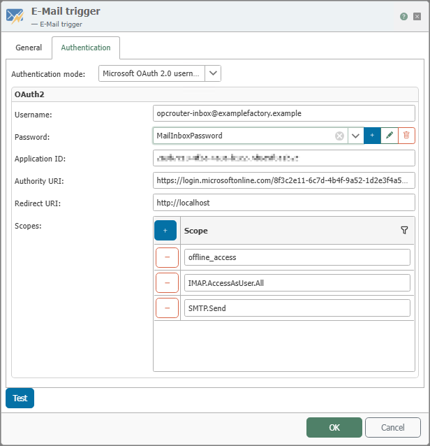 Authentication tab of the email trigger for ROPC