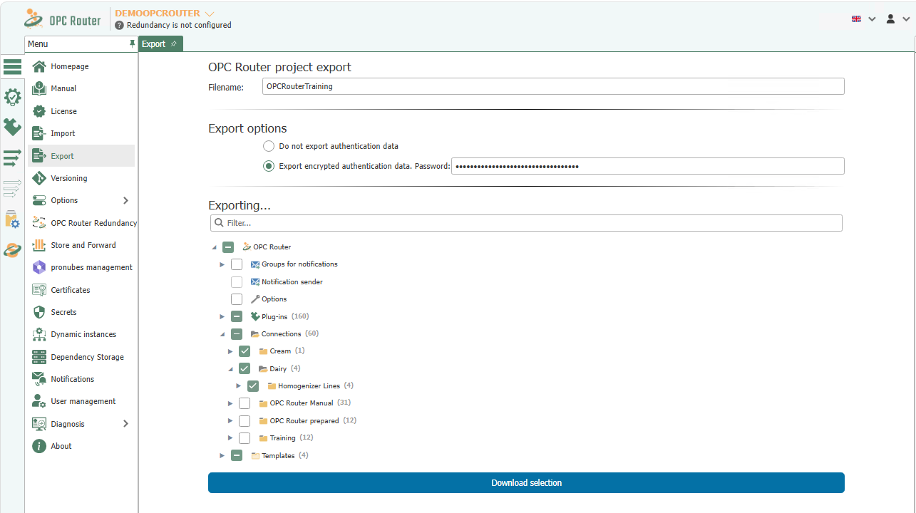 Export view in OPC Router 5 showing file name, export options, and selectable project structure