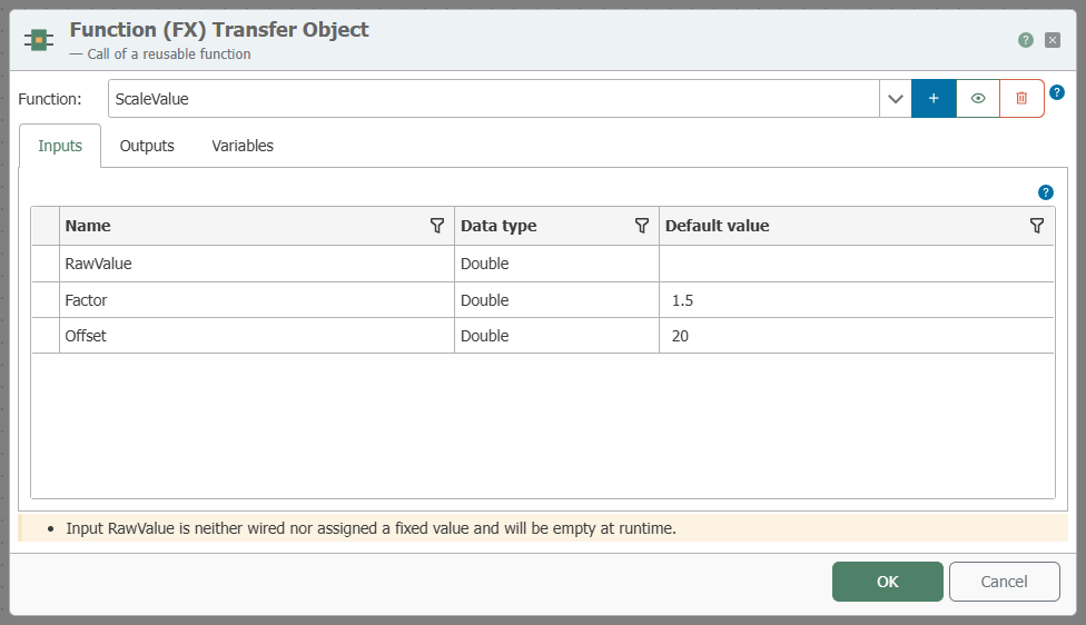  Editor for the Function (FX) transfer object, showing the function selection and the Inputs tab 