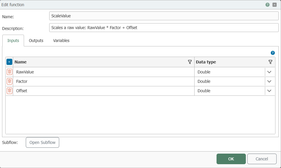  Function dialog with name, description, and the Inputs, Outputs, and Variables tabs 