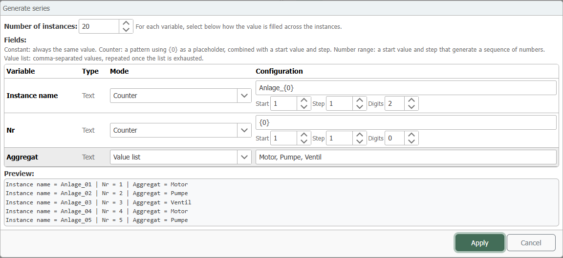  “Create Series” dialog showing the number of instances, one row per template variable, and a preview of the first instances 