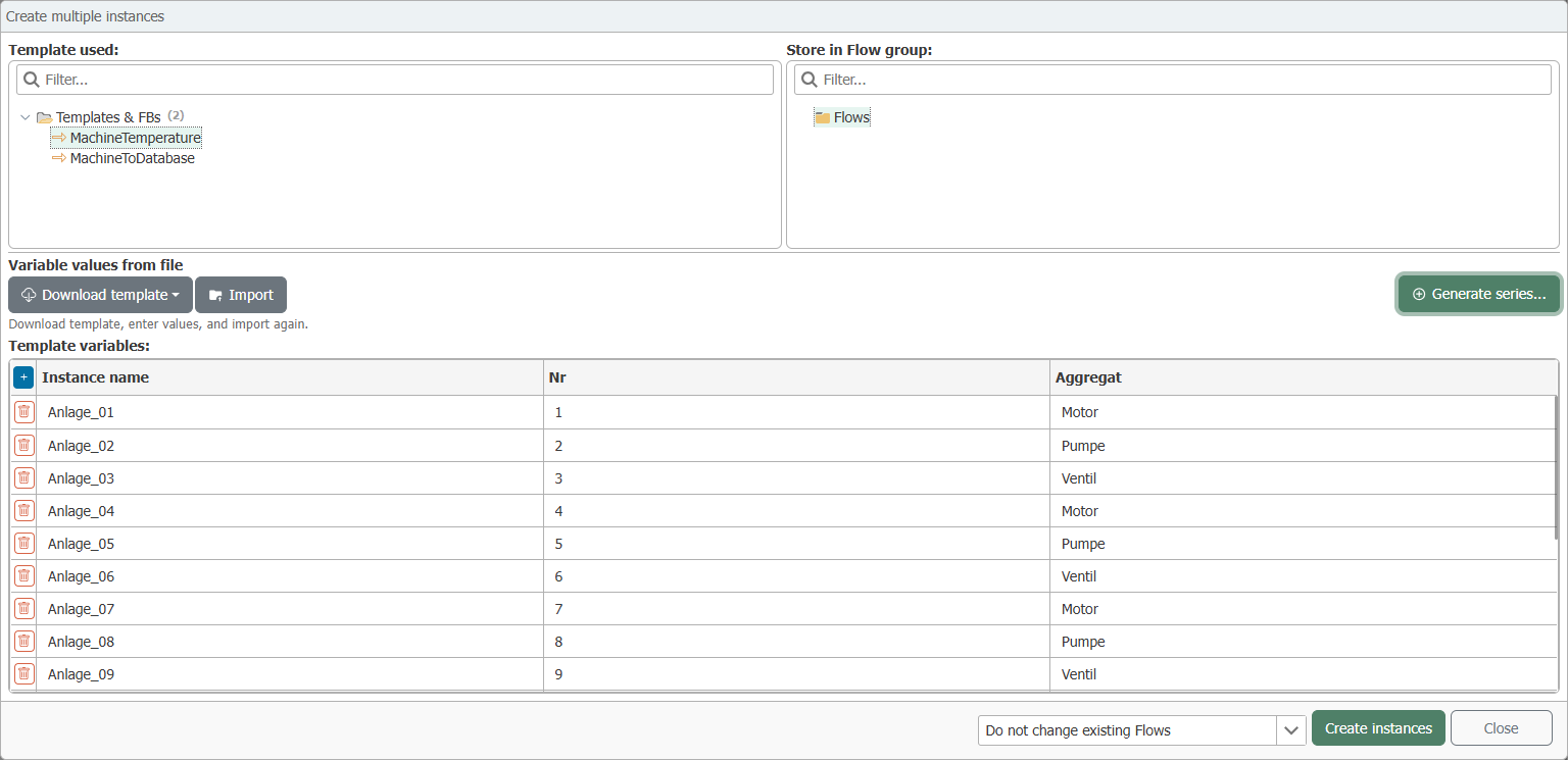  “Create Multiple Instances” dialog with the table populated from the series: one row per instance, one column per template variable 