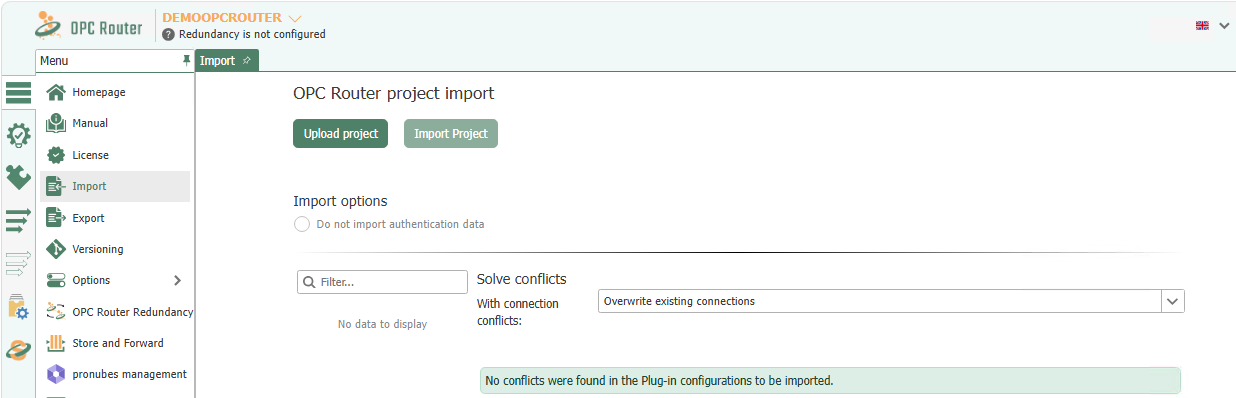 Import view in OPC Router 5 with "Upload Project," "Import Project," and the import options