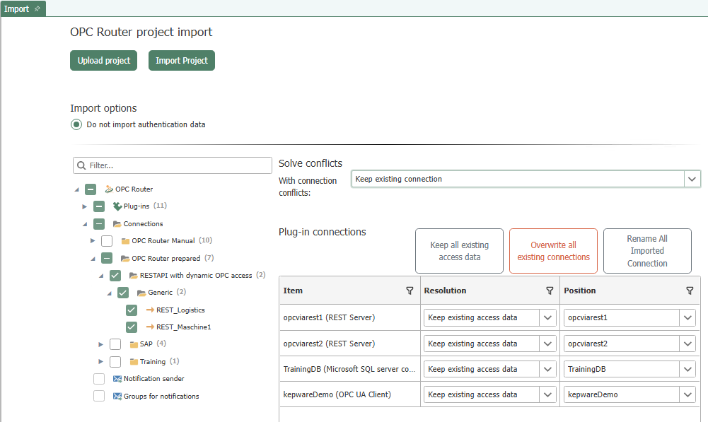Import view with conflict resolution for plug-in configurations and connections