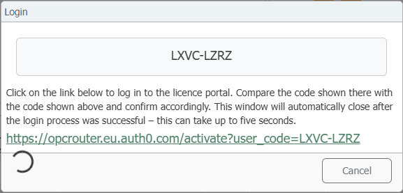 The login window with the code and the link to the license portal