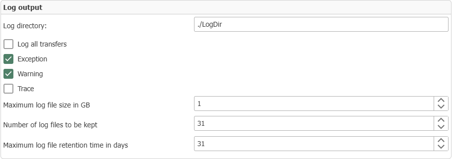  The Log Output group in the Monitoring and Diagnostics settings 