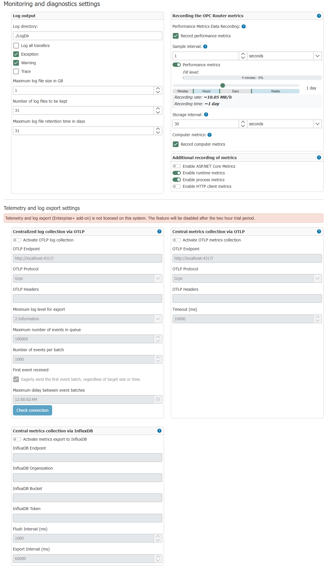 Monitoring and Diagnostics settings page with dashboards for log output, metric logging, and telemetry export