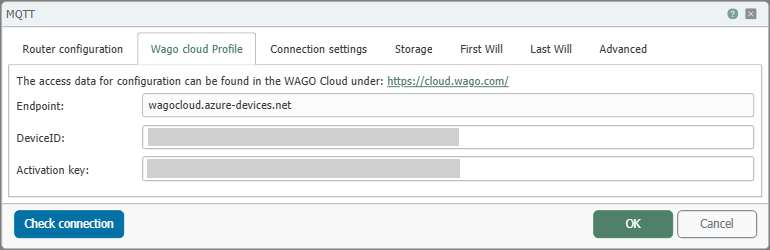 MQTT plugin, Wago Cloud Profile tab with endpoint, DeviceID, and activation key