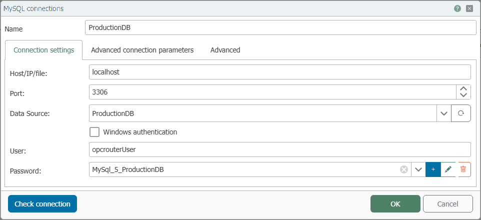  MySQL plug-in connection dialog with the fields Name, Host, Port, data source, Windows Authentication, User, and Password 