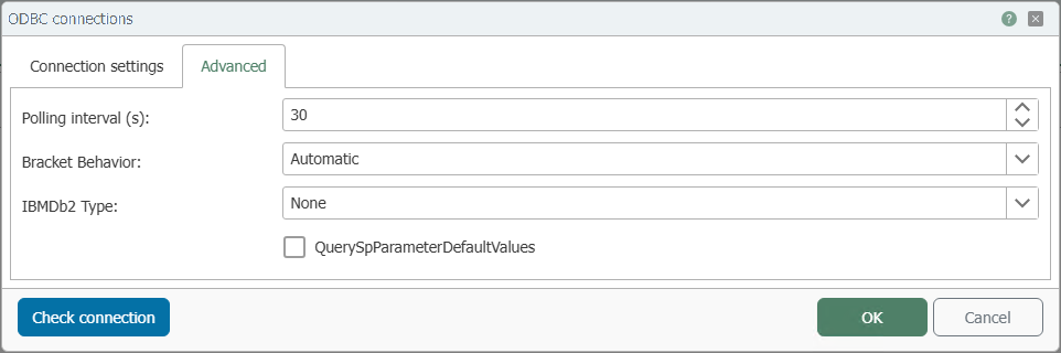"Advanced" tab of the ODBC plug-in with polling interval, parentheses behavior, IBMDb2 type, and QuerySpParameterDefaultValues