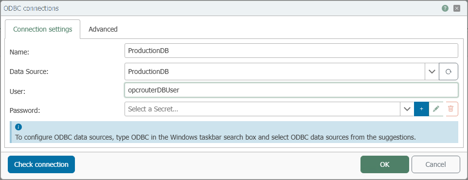  ODBC plug-in connection dialog with the fields Name, data source, User, and Password 