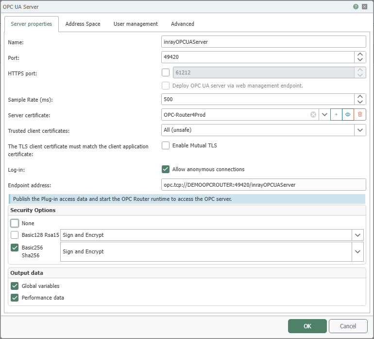 OPC UA Server Configuration: Server Properties