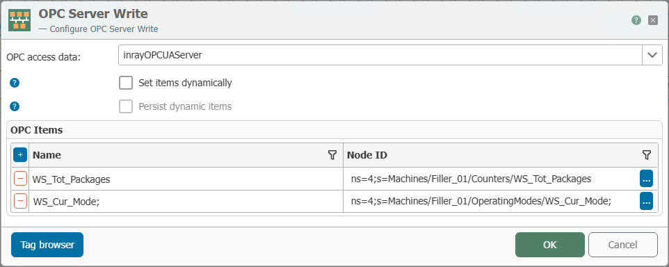 Configuration of the OPC Server Write Transfer Object