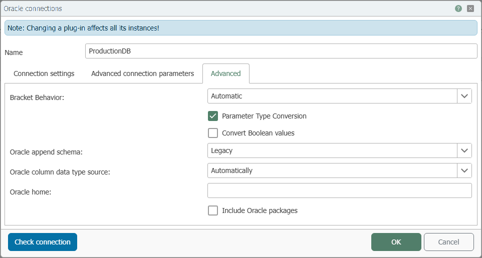  Oracle plug-in connection dialog, "Advanced" tab with parentheses behavior, parameter conversion, and Oracle schema and data type options 