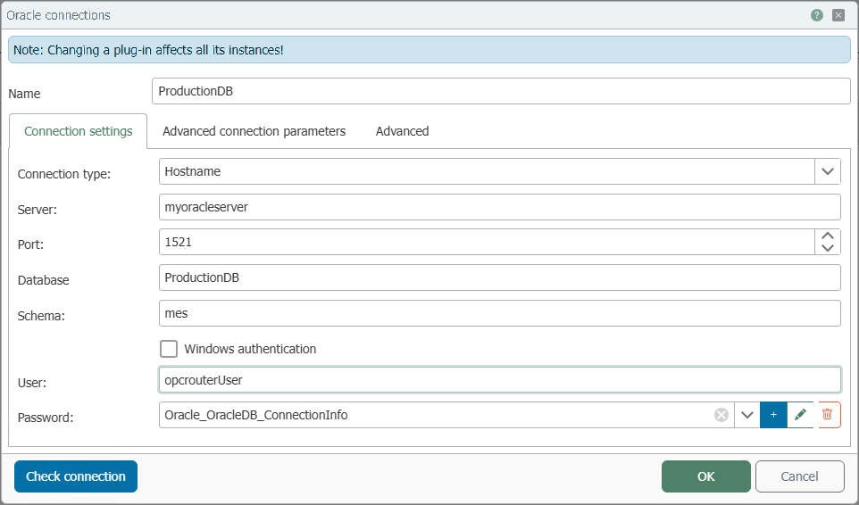  Oracle plug-in connection dialog, “Connection settings” tab showing connection type, server, port, database, schema, and login 